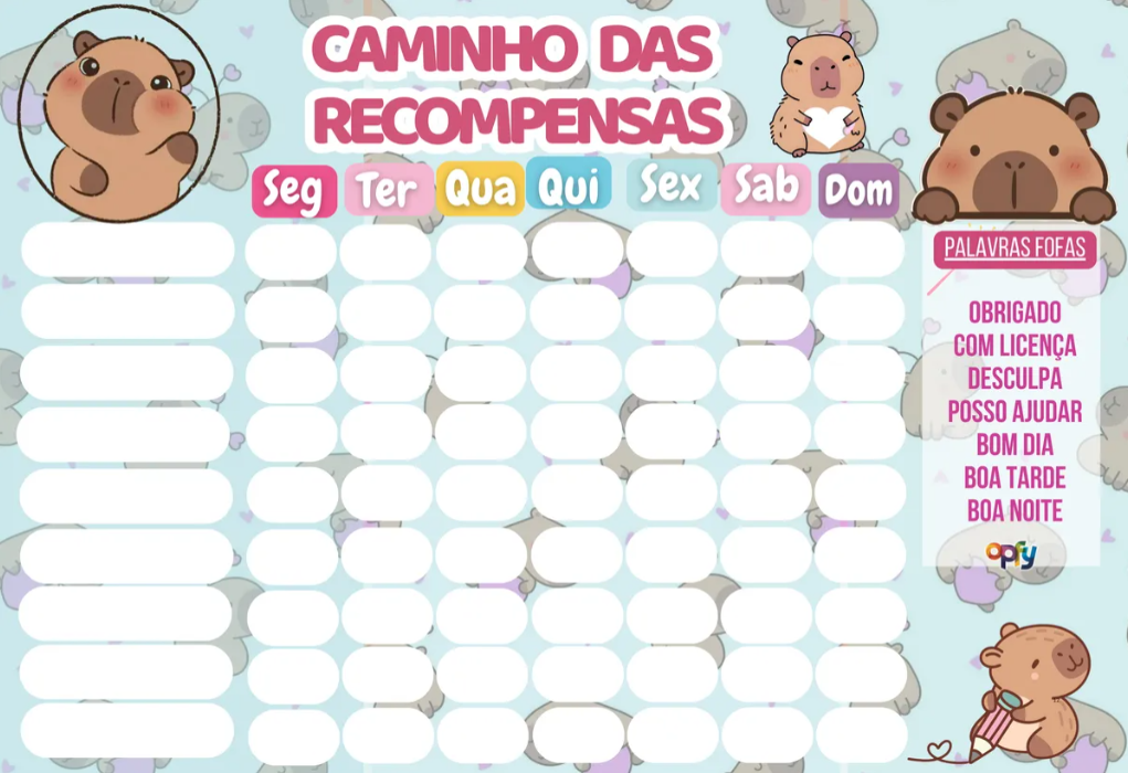 Quadro De Tarefas E Incentivo Infantil Capivara - Opfy Lilás