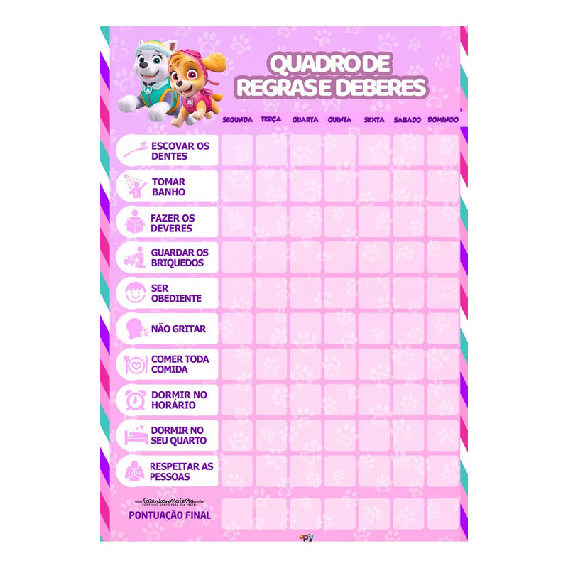 Quadro De Rotinas Diária Infantil Patrulha Canina Rosa