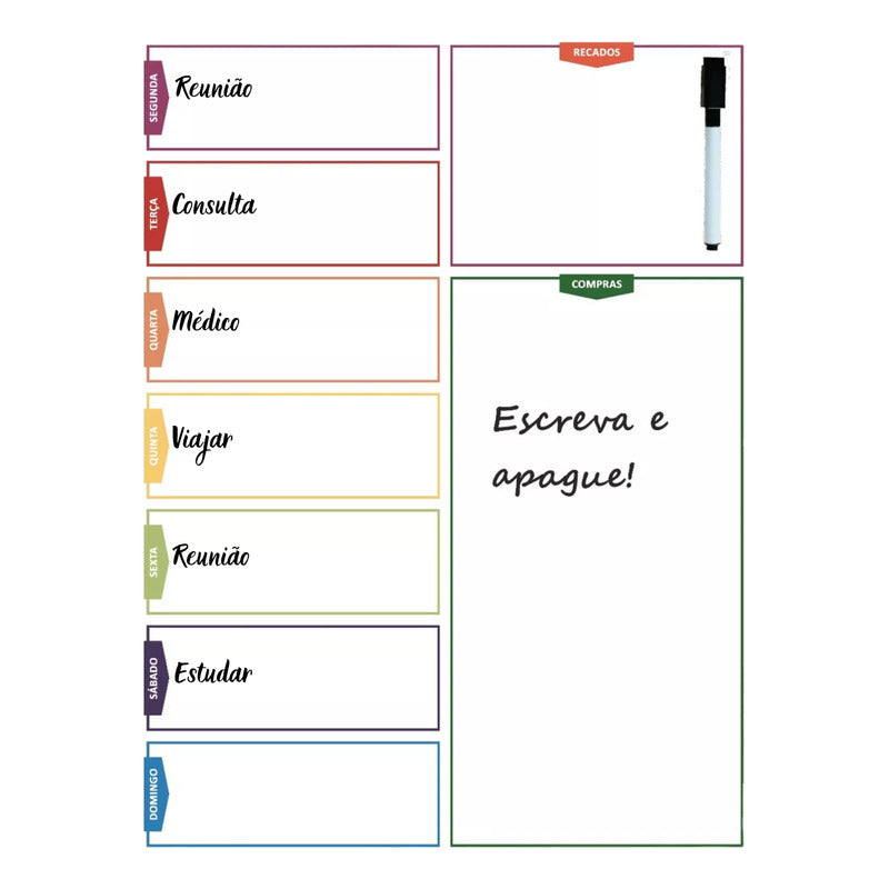 Imã Para Geladeira Lousa Magnética Agenda Semanal C/caneta