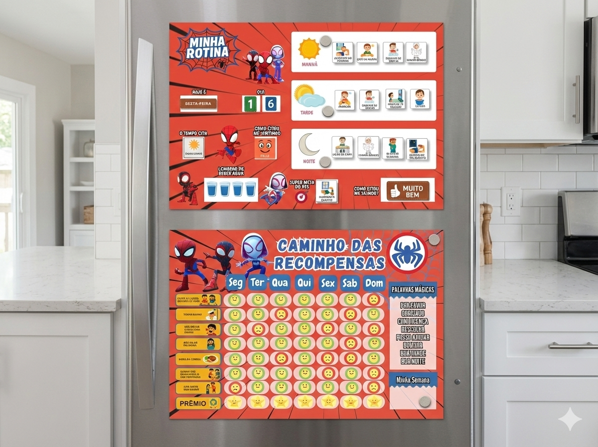 Kit Quadro De Rotina + Quadro De Incentivo Infantil Tema Homem Aranha