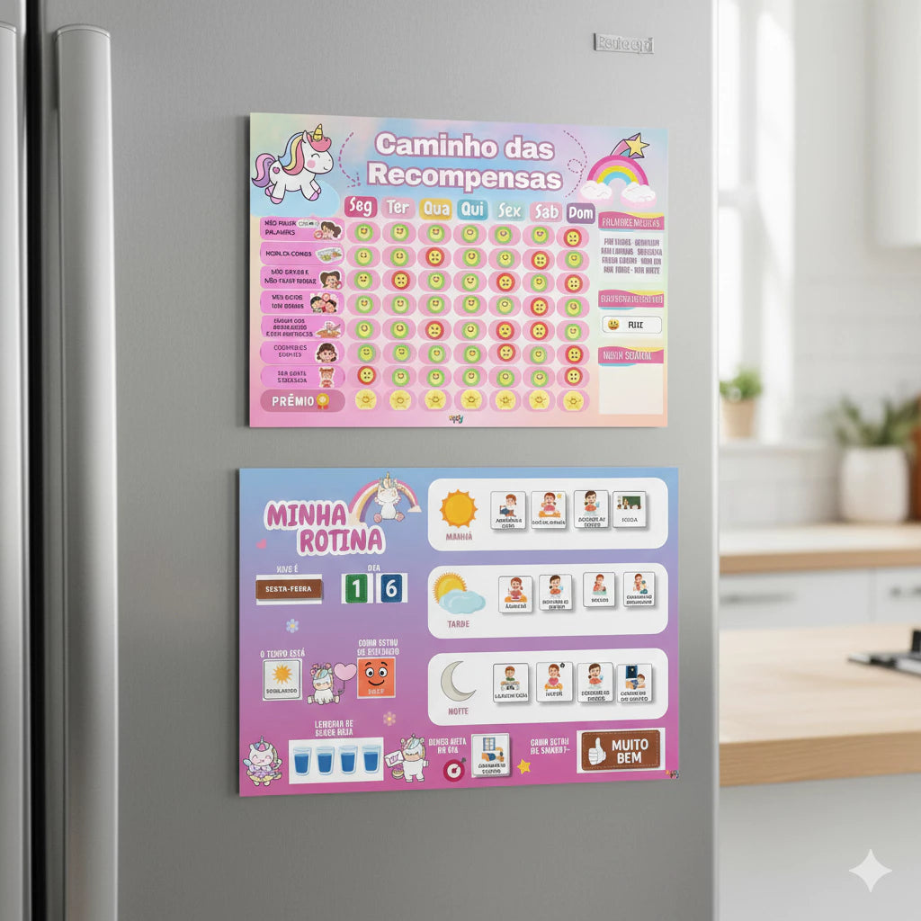 Kit Quadro De Rotina + Quadro De Incentivo Tema Unicórnio