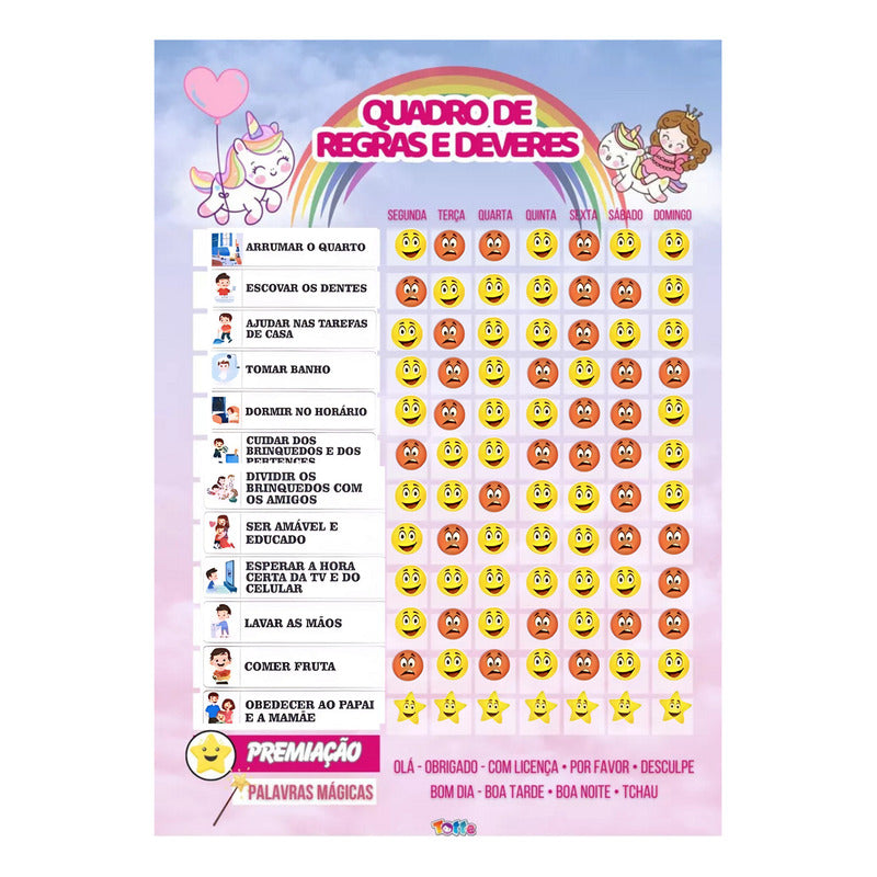 Quadro De Rotinas E Tarefas Unicórnio Vertical De Parede