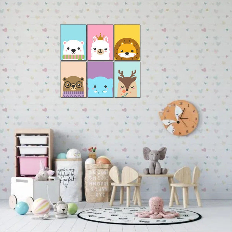 Quadrinhos Decorativos Quarto Do Bebê Animais Cores 6 Peças