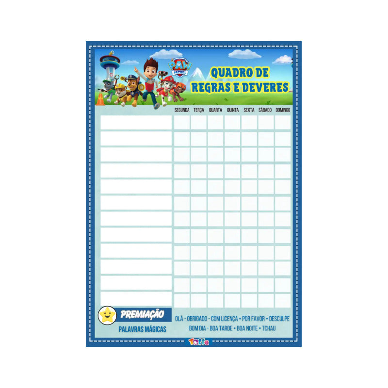 Quadro De Rotina Infantil Patrulha Canina De Parede