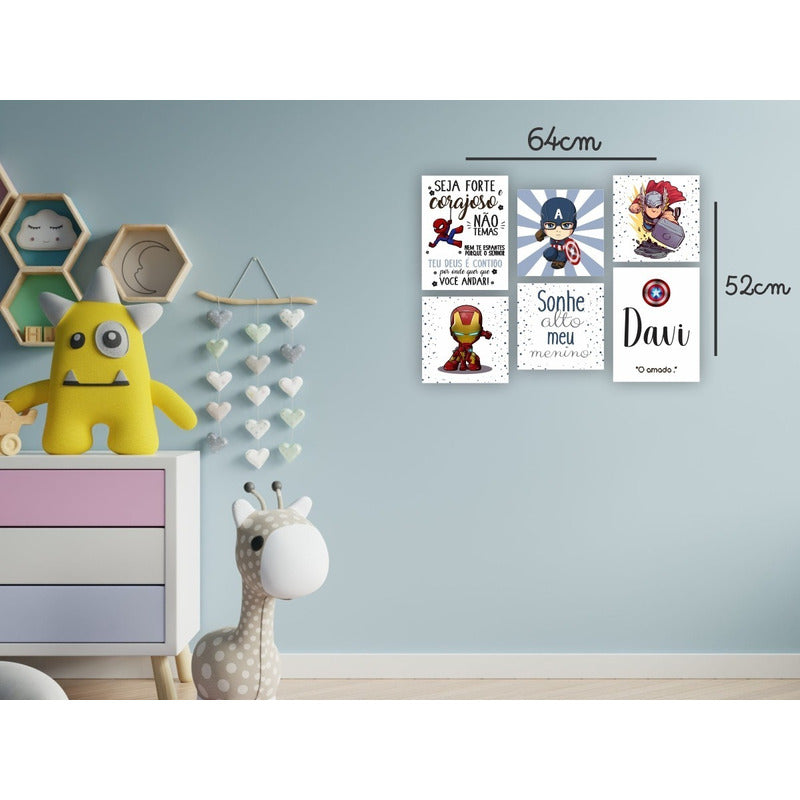 Kit 6 Quadros Decorativos Placas Heróis Baby Infantil 20x30