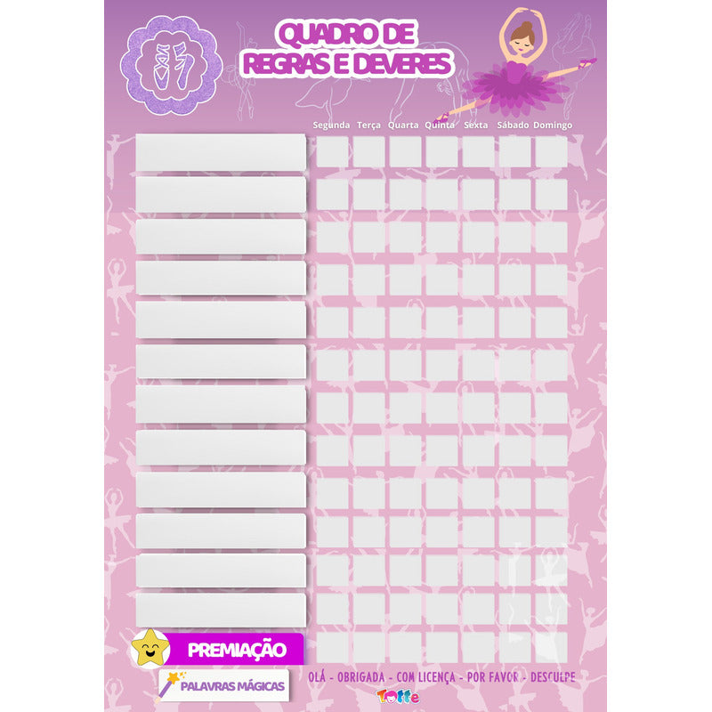 Quadro De Regras Incentivos Tarefas Bailarina Imã Geladeira