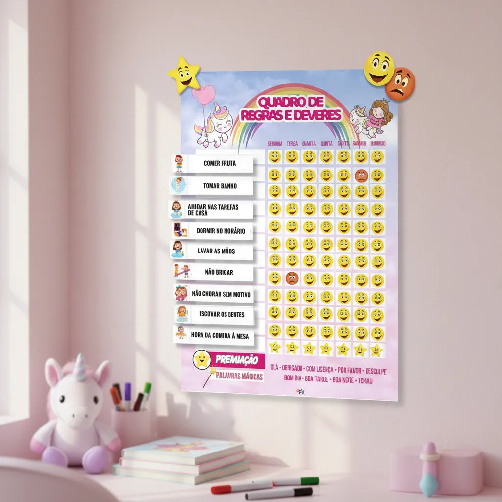 Quadro De Rotinas E Tarefas Unicórnio Vertical De Parede