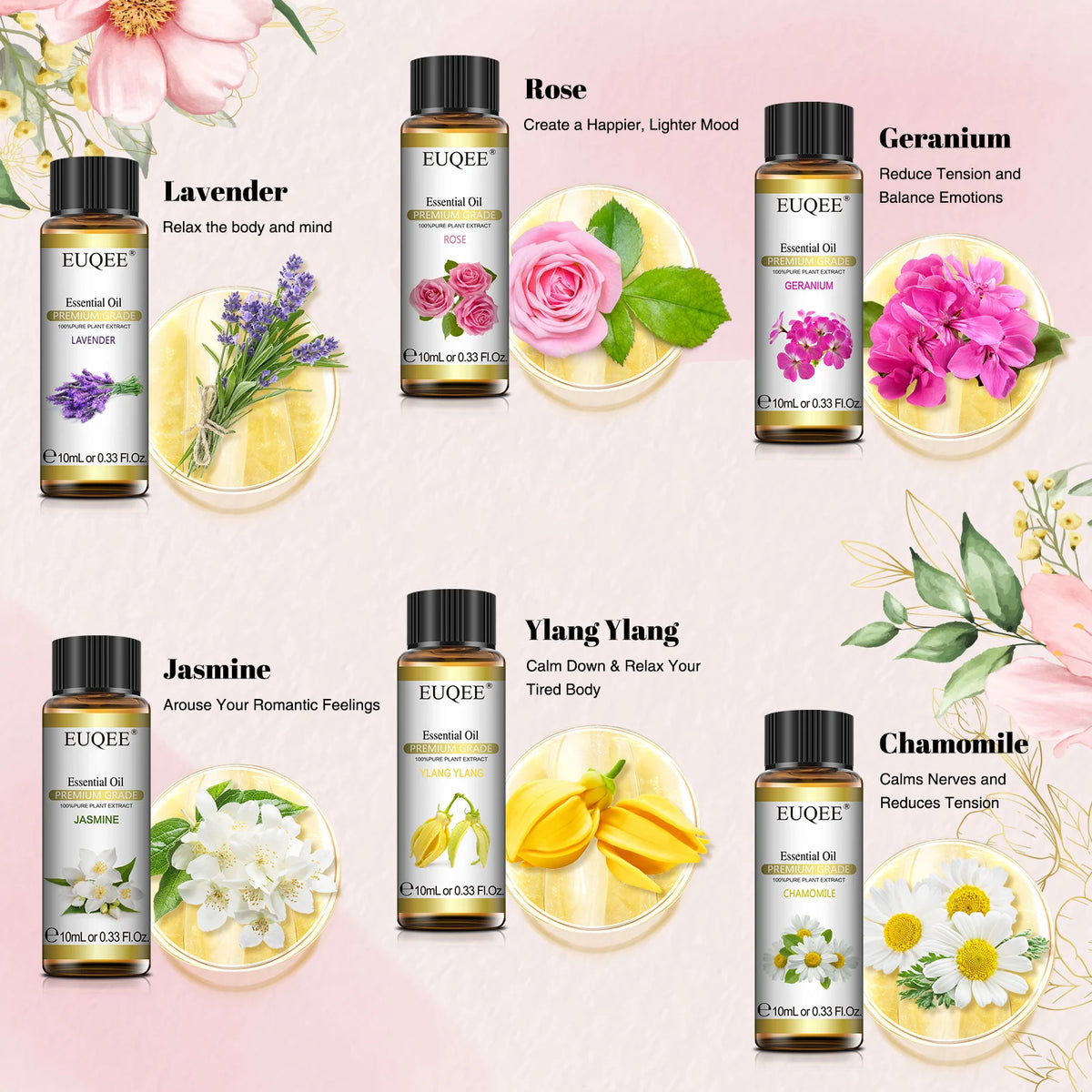 Kit Óleos Essenciais EUQEE: Aromaterapia Floral com 6x10ml!