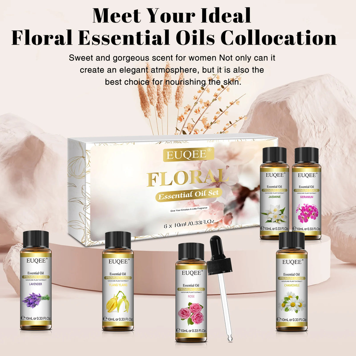 Kit Óleos Essenciais EUQEE: Aromaterapia Floral com 6x10ml!