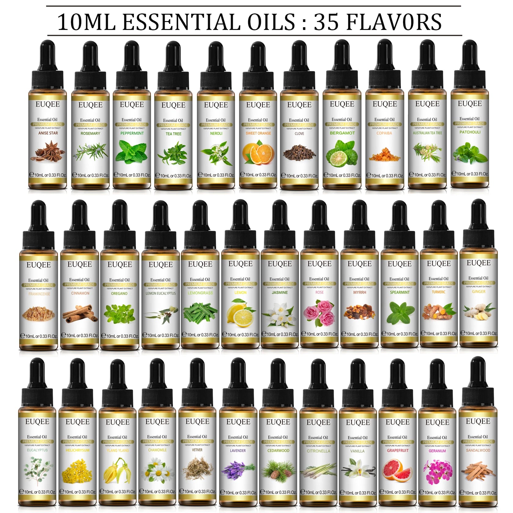 Óleos Essenciais EUQEE: 35 Aromas Naturais em Frascos de 10ml!